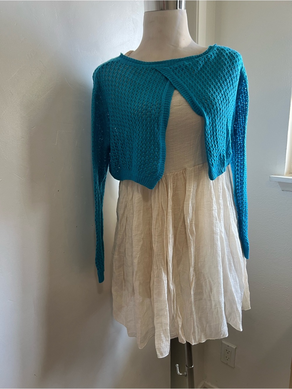 Teal Cropped Open-Knit Women’s Sweater Cardigan